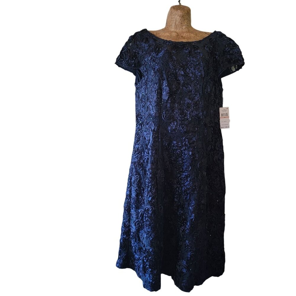 Alex Evenings Womens Navy Blue Lace Sequin Floral Midi Dress Christmas Party.